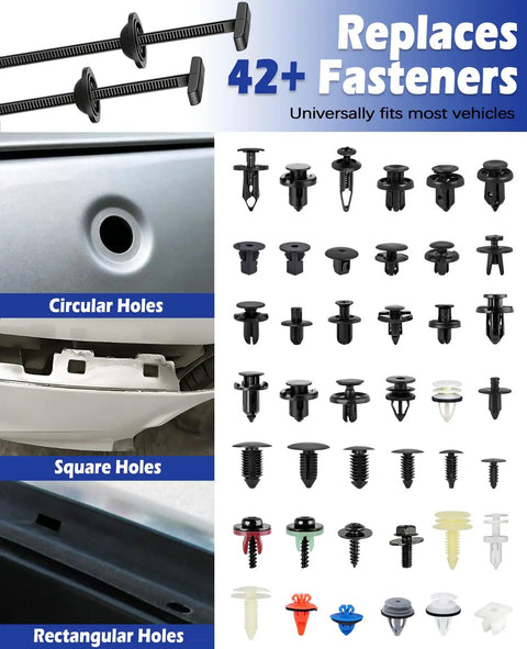 Assortment of fasteners replacing over 42 types, compatible with circular, square, and rectangular holes, for automotive use