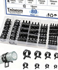 Tnisesm 80-piece black spring band hose clamp set in clear plastic organizer case, 7–18 mm.