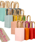 32 Pack Mini Paper Gift Bags With Handles, 6x4.5x2.5 Inch Brown Kraft Party Favor Bags, 16 Rainbow Color Options displayed in rows