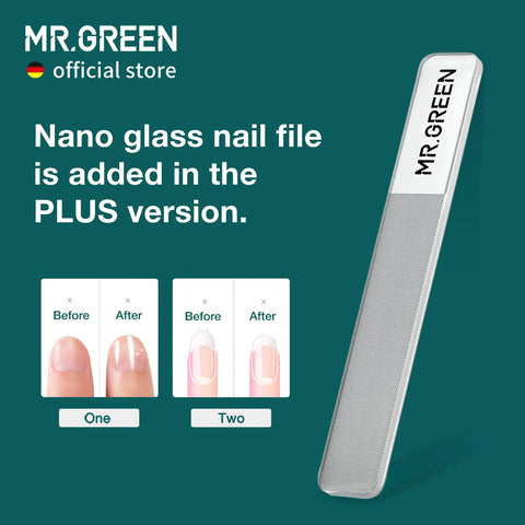 MR.GREEN nano glass nail file in PLUS version with before-after nail care examples