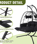 Two Person Outdoor Hanging Egg Chair With Stand And Adjustable Footrest Oversized Wicker Swing Chair With Thick Cushions