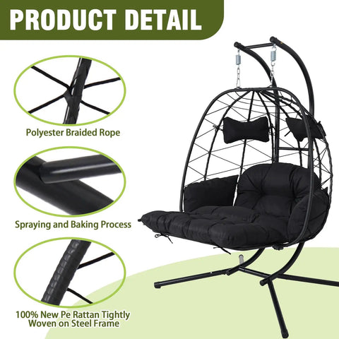 Two Person Outdoor Hanging Egg Chair With Stand And Adjustable Footrest Oversized Wicker Swing Chair With Thick Cushions