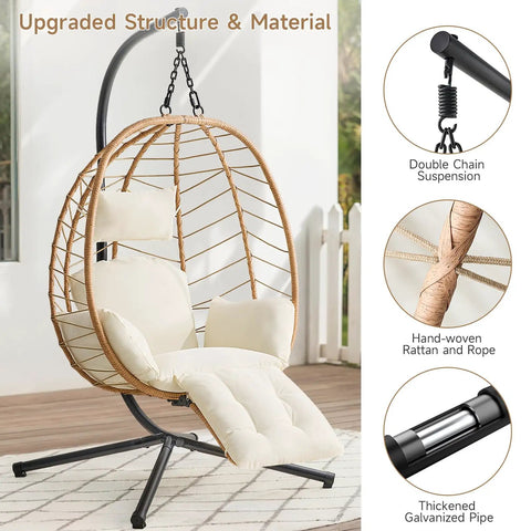 Hanging Egg Chair With Five Level Adjustable Footrest And Stand Wicker Rattan Swing Hammock Chair With Cushion On Deck