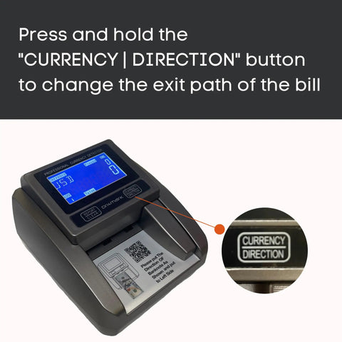 Effortlessly Verify Legit Greenbacks On The Go With This Hella Fast Portable Counterfeit Detector Machine showing instruction panel and buttons.
