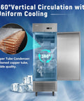 Rock Solid 27 Inch Commercial Reach In Freezer Delivers 23 Cubic Feet Of Smooth Stainless Steel Cooling With Smart Fan Chiller Plus No Sweat Digital Temp Control And Heavy Duty Roll Casters For Restaurant Setup showing 360° vertical circulation and copper tube condenser.