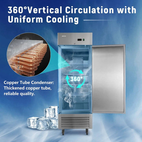 Rock Solid 27 Inch Commercial Reach In Freezer Delivers 23 Cubic Feet Of Smooth Stainless Steel Cooling With Smart Fan Chiller Plus No Sweat Digital Temp Control And Heavy Duty Roll Casters For Restaurant Setup showing 360° vertical circulation and copper tube condenser.