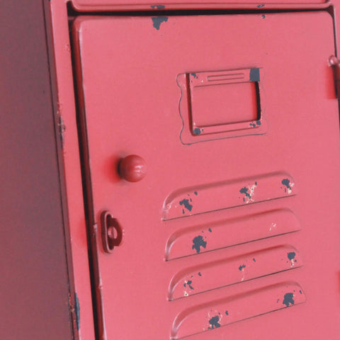 Close-up of Vintage Rustic Wall Mounted Post Box Mailbox in Iron with Powder Coated Red Finish, showing details and wear.