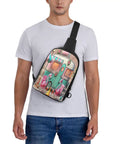 Man wearing Flame Bird Camping Sling Bag For Men And Women, Rugged RV Travel Crossbody Chest Pack with camper van design.
