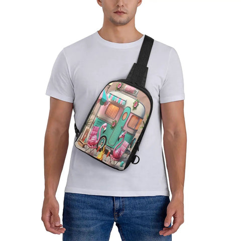 Man wearing Flame Bird Camping Sling Bag For Men And Women, Rugged RV Travel Crossbody Chest Pack with camper van design.