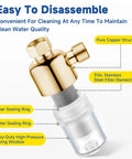 40 Micron Brass Inline Washing Machine Water Filter showing brass body, stainless steel filter, and sealing rings.