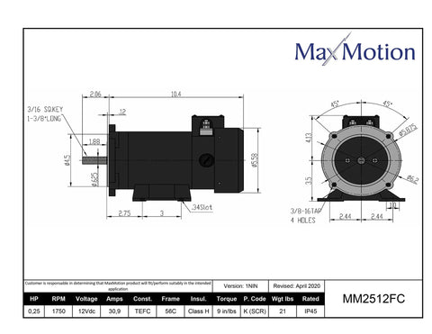 Low Voltage Permanent Magnet DC Motor For Battery Or Generator Power, 1/4 HP, 1800 RPM, 12 VDC, TEFC Enclosure, 56C Frame, NEMA C Face, 21 A, 9 In Pounds Torque, Beefy For DIY And Pro Shop Drive Projects. CAD drawing with dimensions