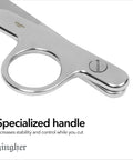 Close-up of 4.5 Inch Knife Edge Thread Nippers With Spring Action, chrome finish handle for stability while cutting multiple layers.
