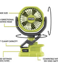 Cordless 4 Inch Clamp Fan Kit With 18V Ryobi Battery, Charger, And Pocket Flashlight, Lightweight Portable Cooling, 180 CFM