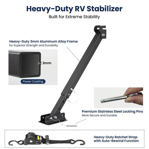 Beefy Heavy Duty Aluminum RV Stabilizer Mount For I Beam Adjustable 17 To 35 Inches with ratchet strap and locking pins