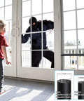 Two In One Sliding Door Security Bar Adjustable From 16 To 51 Inches Two Pack Heavy Duty Interior Window And Patio Door Security Rod Black Childproof Extra Long Fits Most Sliding Glass Doors And Windows With Adjustable Width For Easy No Tool Installation installed on glass doors with person approaching outside and child inside