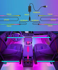 Diagram showing Lit Dream Color RGB-IC USB Interior LED Light Strips 12V DC Multicolor Footwell Under-Dash Kit installation in car.