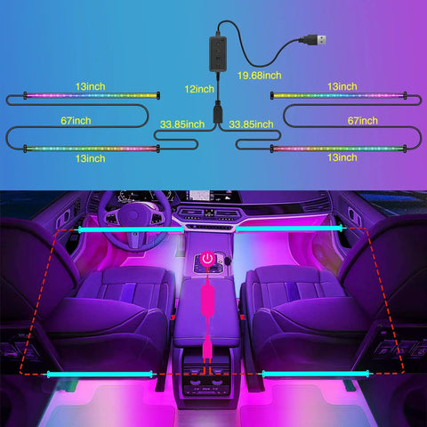 Diagram showing Lit Dream Color RGB-IC USB Interior LED Light Strips 12V DC Multicolor Footwell Under-Dash Kit installation in car.