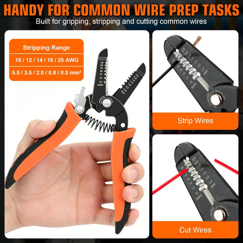 Killer 1242 Piece Wire Terminal Crimping Tool Kit That Comes Loaded with Ratcheting Crimper and Wire Stripper Cutter Offering 840 Insulated Connectors and 400 Heat Shrink Tubing Pieces for Serious Wiring Work showing a wire stripper gripping and cutting wires.