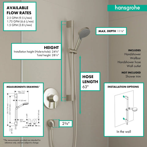 Vernis Blend 11 Inch Handheld Shower System with Slide Bar and Hose, 3 Spray Modes, Chrome Finish, EcoRight Low Flow, 63 inch hose.