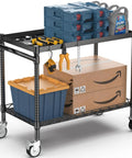 Heavy Duty Two Tier Utility Cart On Wheels With Handle For Warehouse Garage And Kitchen NSF Certified Commercial Grade Metal Serving Storage Cart Built Tough Durable Steel Frame Large Capacity Black