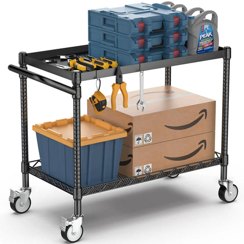 Heavy Duty Two Tier Utility Cart On Wheels With Handle For Warehouse Garage And Kitchen NSF Certified Commercial Grade Metal Serving Storage Cart Built Tough Durable Steel Frame Large Capacity Black