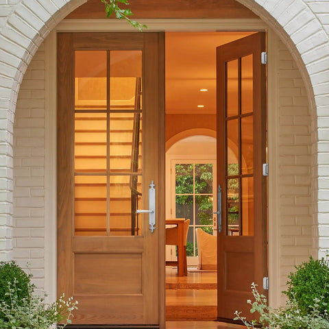 Wooden double doors with glass panels, featuring Heavy Duty Self Closing Door Hinges 2 Pack Four Inch Spring Hinges installed.
