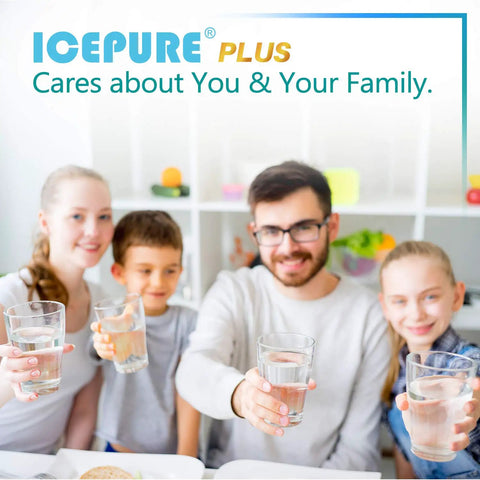 Family smiling and holding glasses of water in a kitchen, highlighting water filter benefits.
