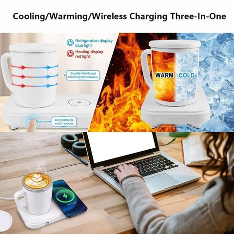Premium 3in1 Temperature Control Mug With Built In 15W Fast Wireless Charging Pad Keep Your Morning Fuel Lit All Workday Long Super Chill Sipper For Office Desk Setup features sleek design with temperature display and wireless charging.