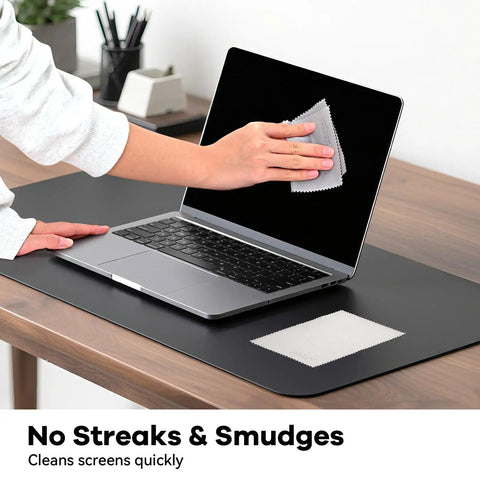 A person using an Ultra Soft Microfiber Cleaning Cloths 3 Pack For Eyeglasses, Phones, Screens, Lenses And Delicate Electronics to clean a laptop screen.