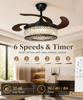 efperfect 42 Inch Black Crystal Fandelier Ceiling Fan with Light and Remote featuring 6 speeds and remote control in a modern living room.