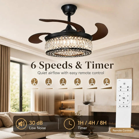 efperfect 42 Inch Black Crystal Fandelier Ceiling Fan with Light and Remote featuring 6 speeds and remote control in a modern living room.