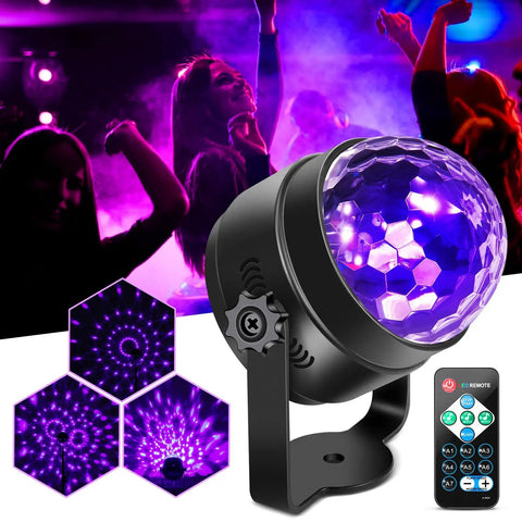 Black Light UV Disco Ball LED Party Light 6W Sound Activated With Remote Control, glowing in party setting with remote and patterns