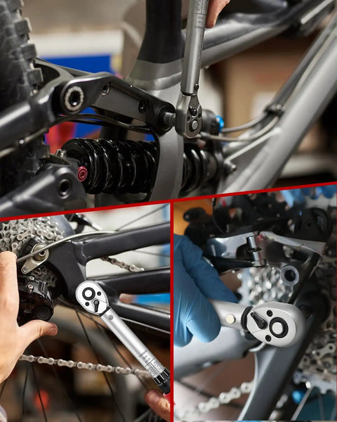 One Quarter Inch Drive Torque Wrench Set With Thirty Two Bit Sockets And Micro Adjustable Click Wrench in use on bike assembly
