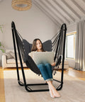U Shaped Hammock Chair With Stand For Indoor Or Outdoor Relaxation Sturdy Rust Resistant Cozy Gray Cotton Swing Chair No Overhead Beam Design For Wider View Porch Patio Balcony Chill And Unwind In Style indoors