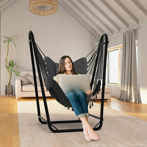 U Shaped Hammock Chair With Stand For Indoor Or Outdoor Relaxation Sturdy Rust Resistant Cozy Gray Cotton Swing Chair No Overhead Beam Design For Wider View Porch Patio Balcony Chill And Unwind In Style indoors