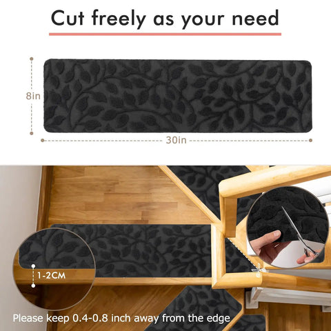 Indoor Non Slip Stair Treads 15 Pack 8x30 Inch Dark Gray Carpet Stair Runners, easy trim with scissors, on wooden steps