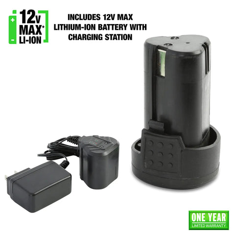 Compact 12V Li-ion Cordless Power Ratchet Wrench battery charger with lithium-ion battery and warranty label