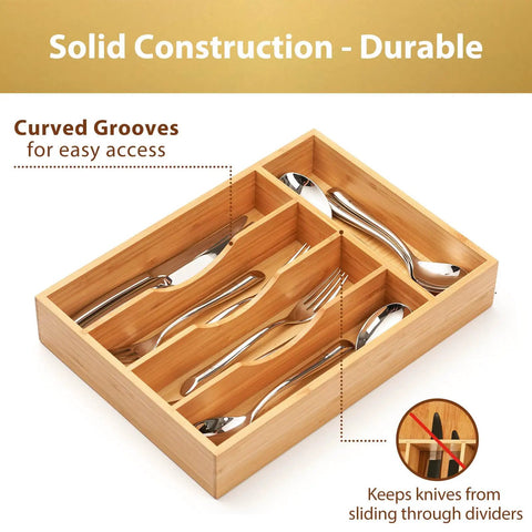 Premium Bamboo Kitchen Drawer Organizer Nine Inch Silverware Tray with curved grooves for easy access to cutlery.