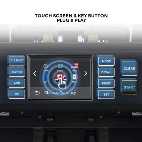 Close-up of interface on bank grade money counter for mixed denominations with printer enabled, serial number tracking and counterfeit detection.