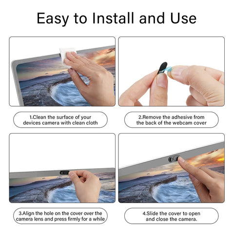Step-by-step installation of Super Slick 12 Pack Webcam Privacy Slides Shield on laptop camera for privacy protection.