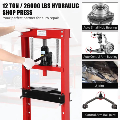 Top Shelf 12 Ton Hydraulic H Frame Shop Press With Included Press Plates And Adjustable Base in use for auto repair tasks.