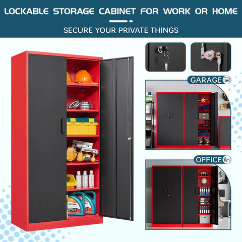 Tall Metal Storage Cabinet With Locking Doors, Heavy-Duty Steel Locker With 5 Adjustable Shelves For Garage or Office, shown in open view with items.