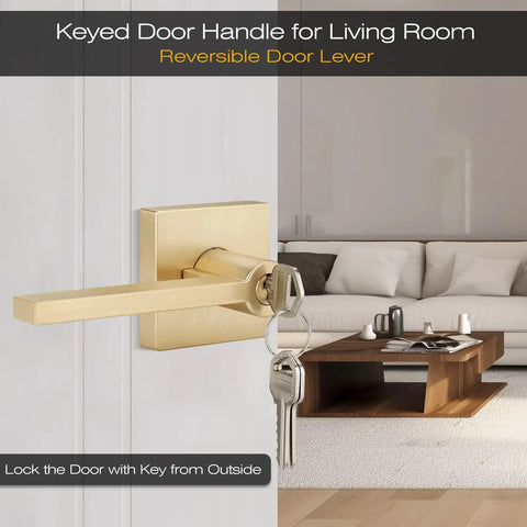 Five Piece Satin Brass Door Handles Set With Lock And Key For Interior And Exterior Doors on living room door