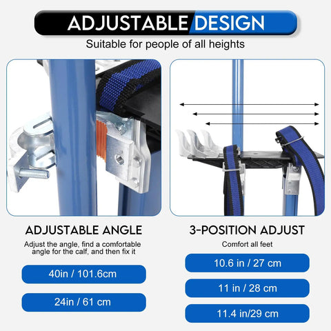 Adjustable Drywall Stilts 24 To 40 Inch Professional Grade Aluminum Painter Stilt For Taping And Painting Ceiling Work Parades Or Cosplay Helpers No Tools Required Braces Blue showing adjustable design and angles