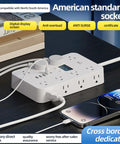 Total Game Changer Flat Power Strip With Eleven AC Outlets And Three Smart USB Chargers Saves Serious Space Behind Desks Or Dressers Perfect For College Dorms Home Offices And Weekend Getaways Always Works, on a desk with charging phone.