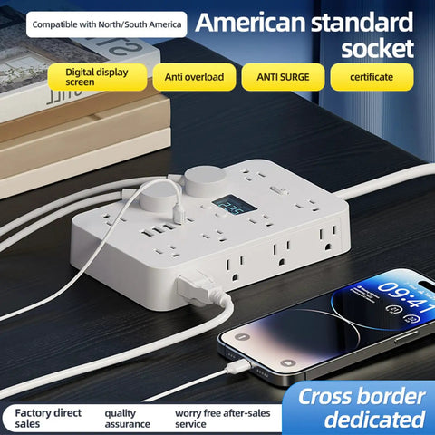 Total Game Changer Flat Power Strip With Eleven AC Outlets And Three Smart USB Chargers Saves Serious Space Behind Desks Or Dressers Perfect For College Dorms Home Offices And Weekend Getaways Always Works, on a desk with charging phone.