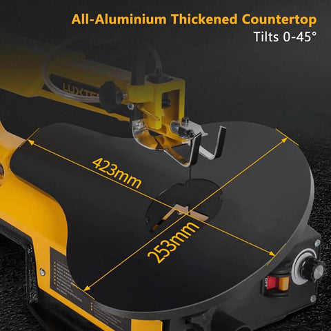 Close-up of all-aluminum thickened countertop showing 423mm and 253mm dimensions, for Slick 16 Inch Scroll Saw For Woodworking.