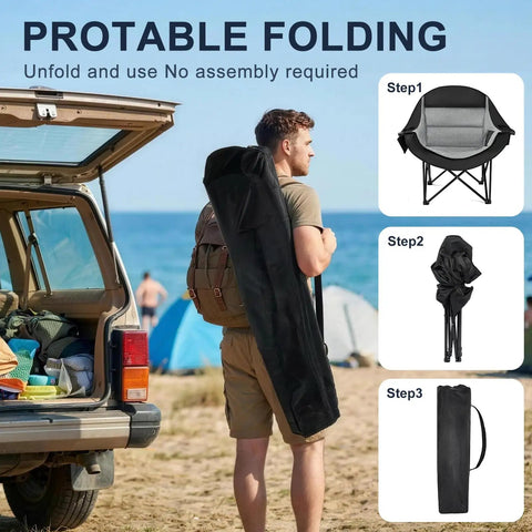 Man carrying Oversized Camping Chair For Adults With Cup Holder And Side Pocket, Heavy Duty Padded Portable Folding XL Camp Chair