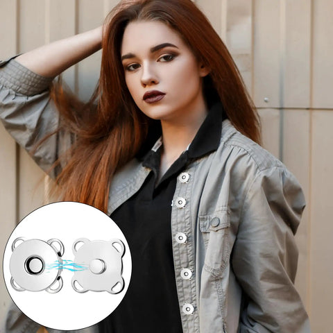 Model wearing Ten Piece Plum Magnetic Snap Buttons Set for Sewing 15mm Purse Snaps on a jacket, stainless steel, gold and silver finishes.