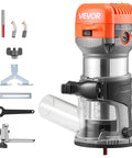 Heavy Duty Rock Solid 1 HP Wood Router 710W Variable Speed Palm Router with fixed base and accessories, ideal for DIY tasks.